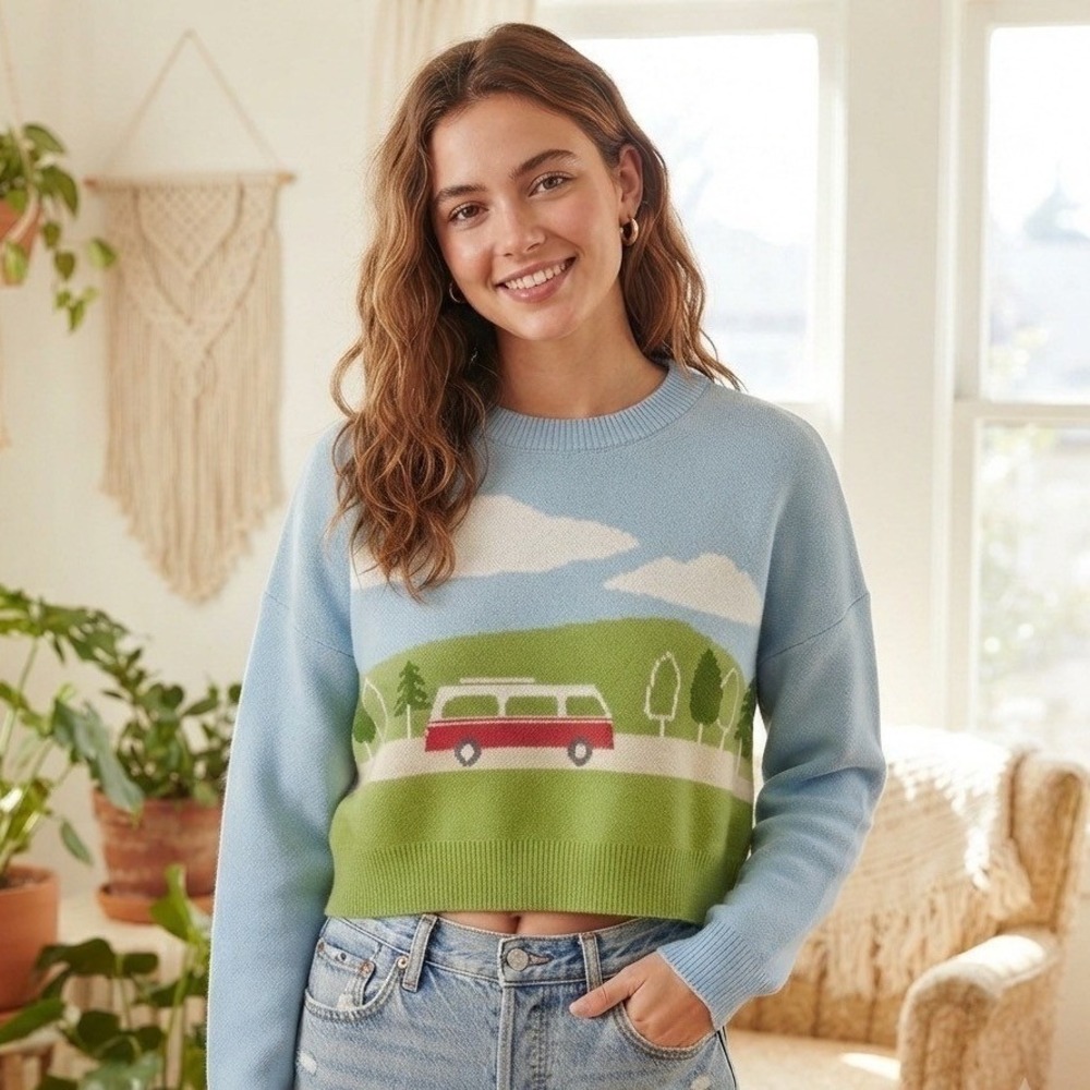 Luna Ivy Medium Blue Scenic Camper Van Knit Cropped Pull Over Sweater Artsy